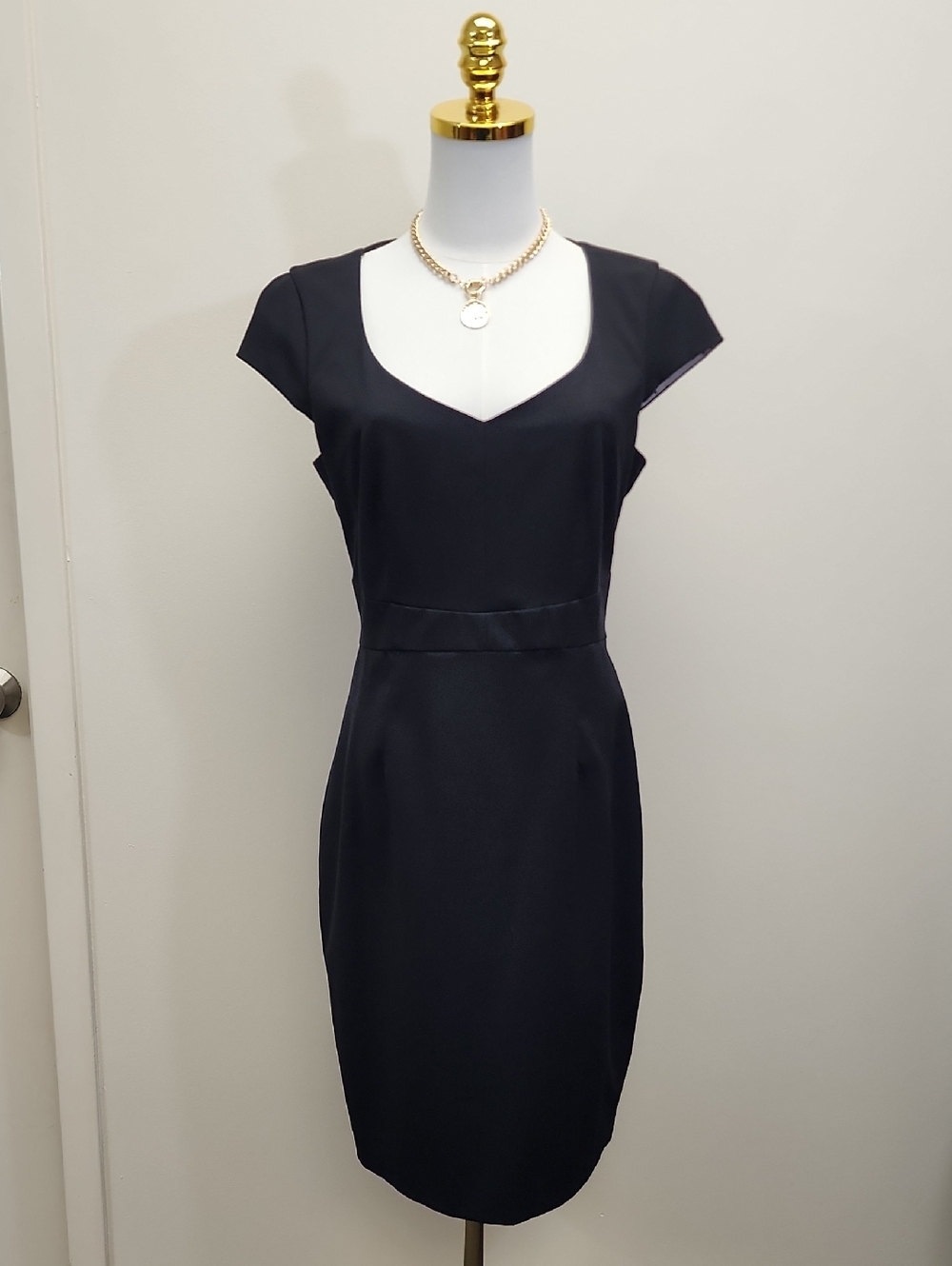 H&M Black Sheath Midi Dress Cap Sleeve V-Neck Work Office Size 10